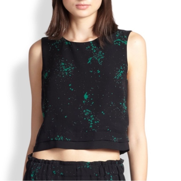 A.L.C. 10 Devoe Green Splatter on Black Silk Crop Top - Picture 6 of 14